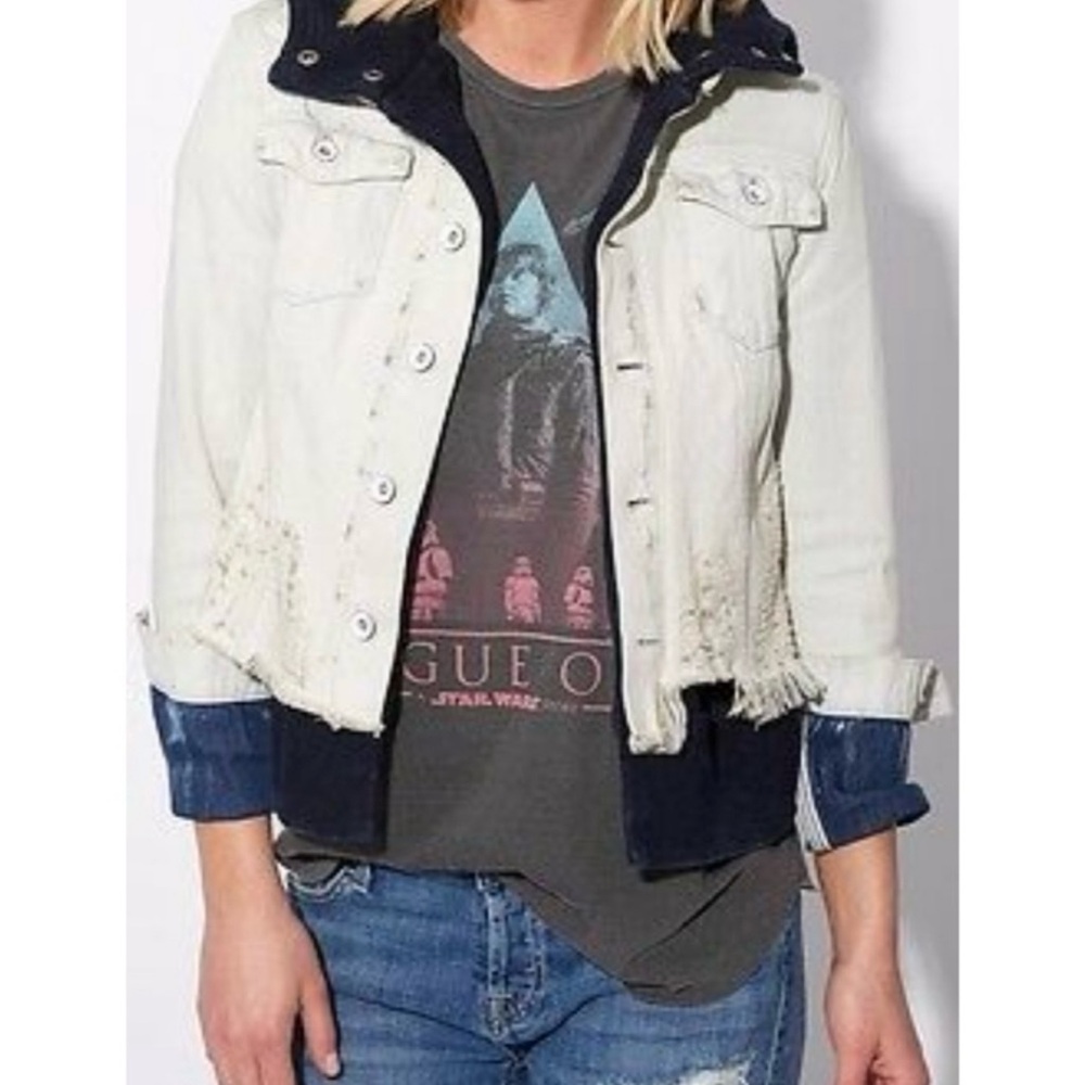 Free People Distressed Denim Jacket Hooded Layered Size Large